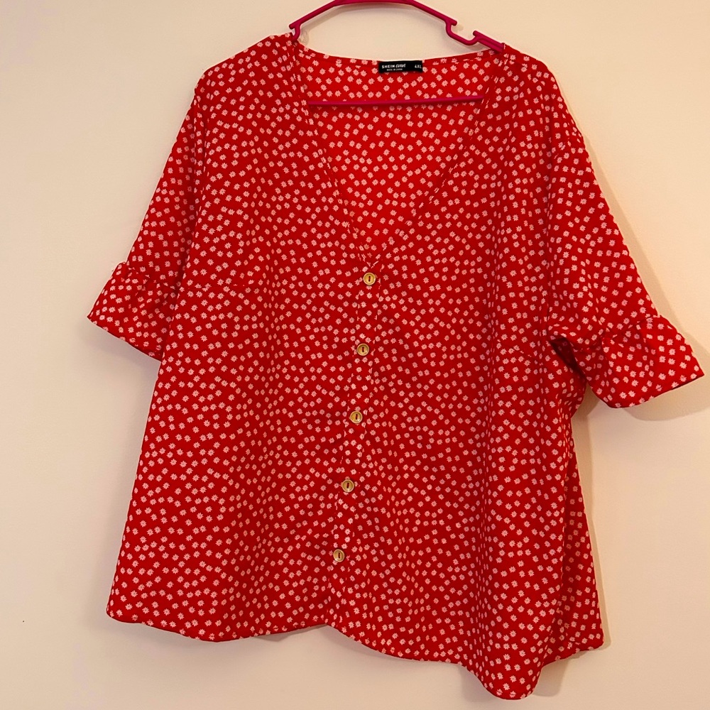 SHEIN Curve Red, Floral, Short Sleeve Dress Top